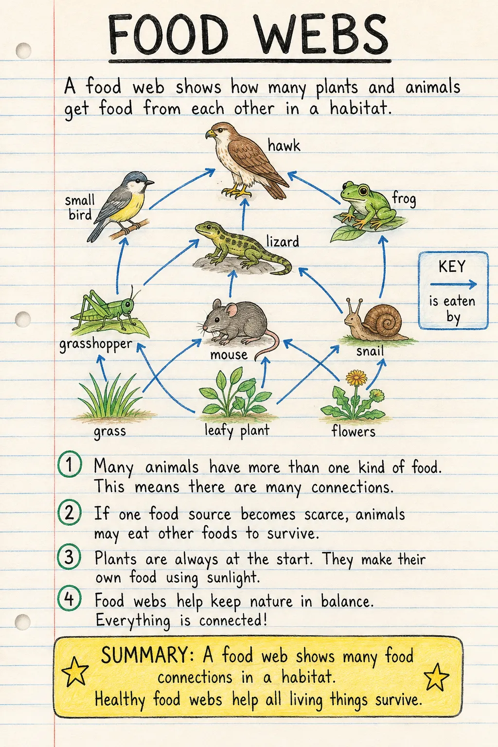 Food webs: a handwritten, illustrated one-page guide for primary school.