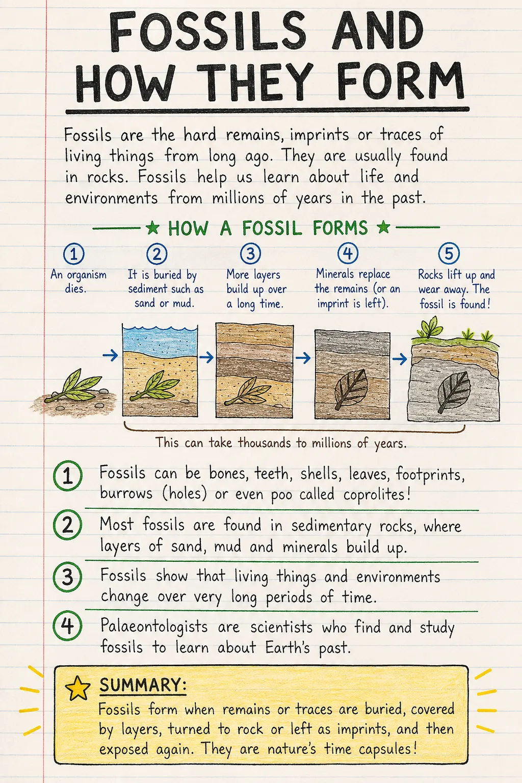 Fossils and how they form: a handwritten, illustrated one-page guide for primary school.