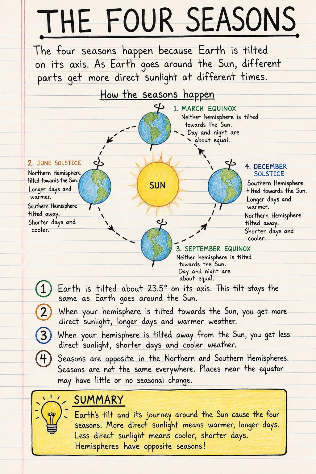 The four seasons: a handwritten, illustrated one-page guide for primary school.