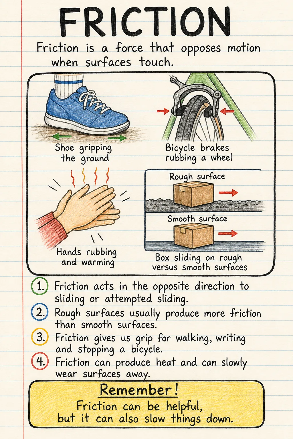 Friction: una ficha manuscrita ilustrada de una página para primaria. El texto de la imagen está en inglés.