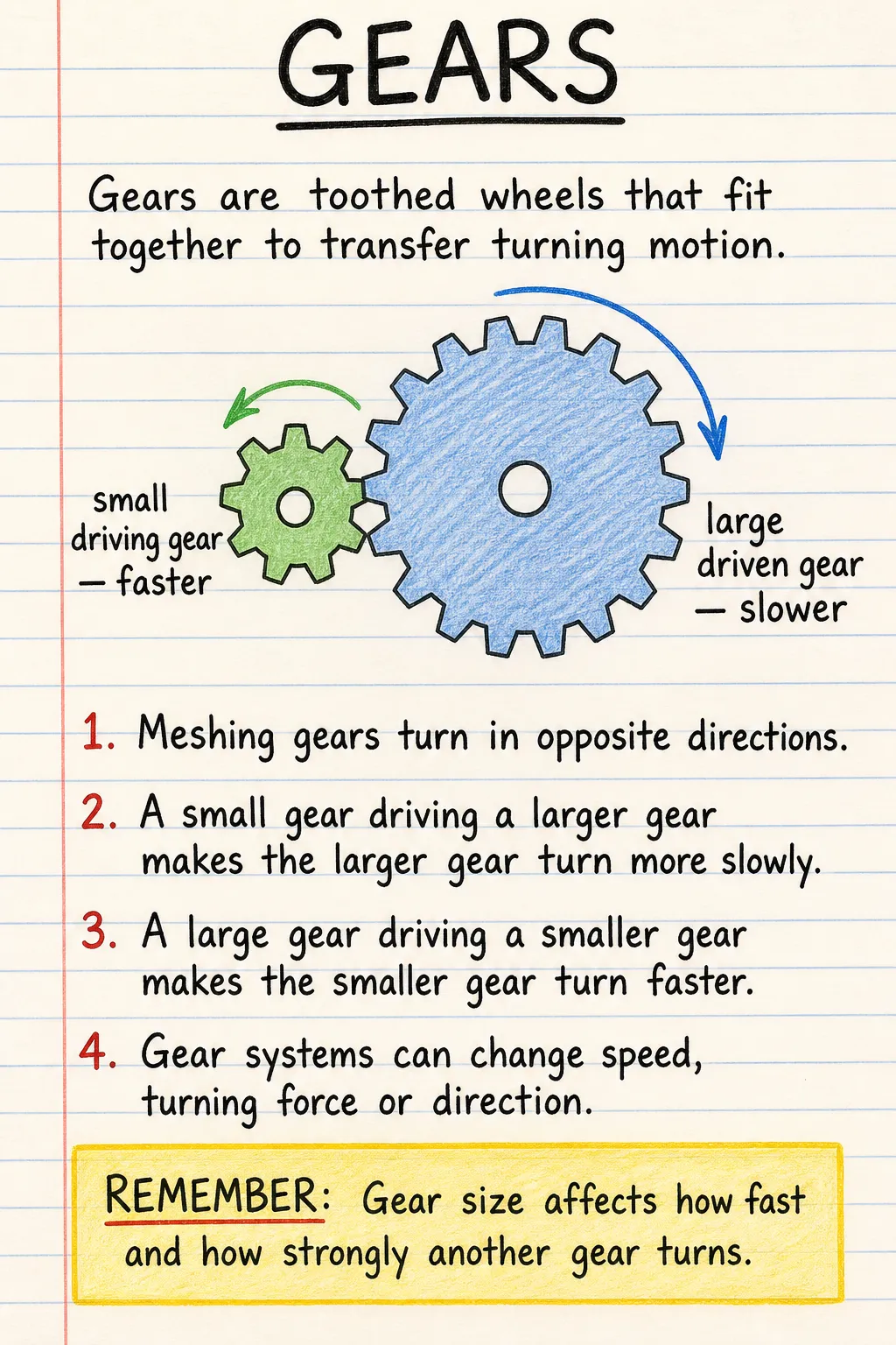 Gears: a handwritten, illustrated one-page guide for primary school.