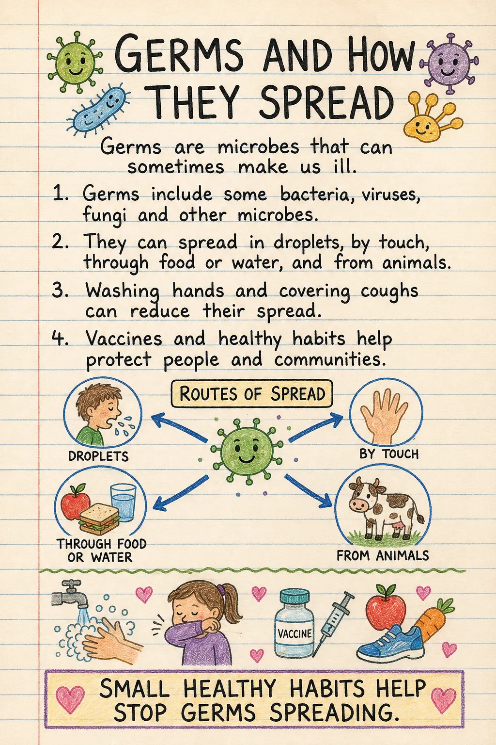 Germs and how they spread: a handwritten, illustrated one-page guide for primary school.