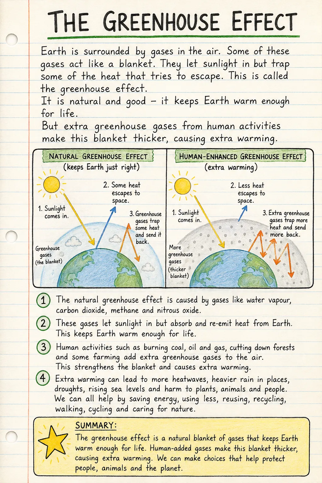 The greenhouse effect: a handwritten, illustrated one-page guide for primary school.