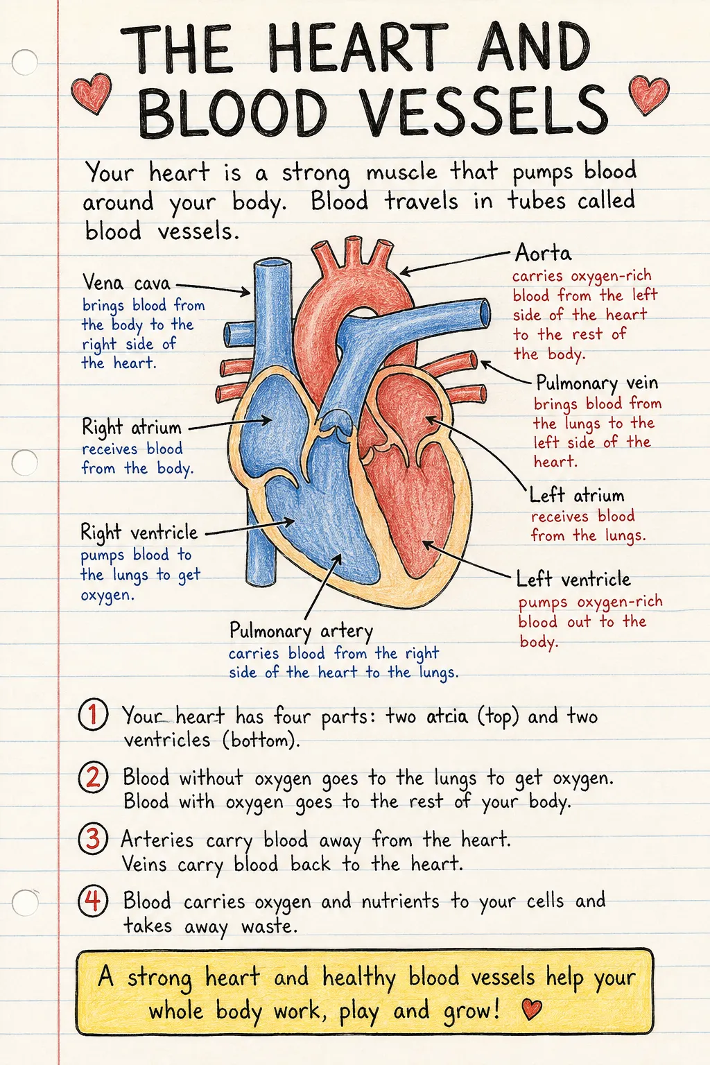 The heart and blood vessels: a handwritten, illustrated one-page guide for primary school.