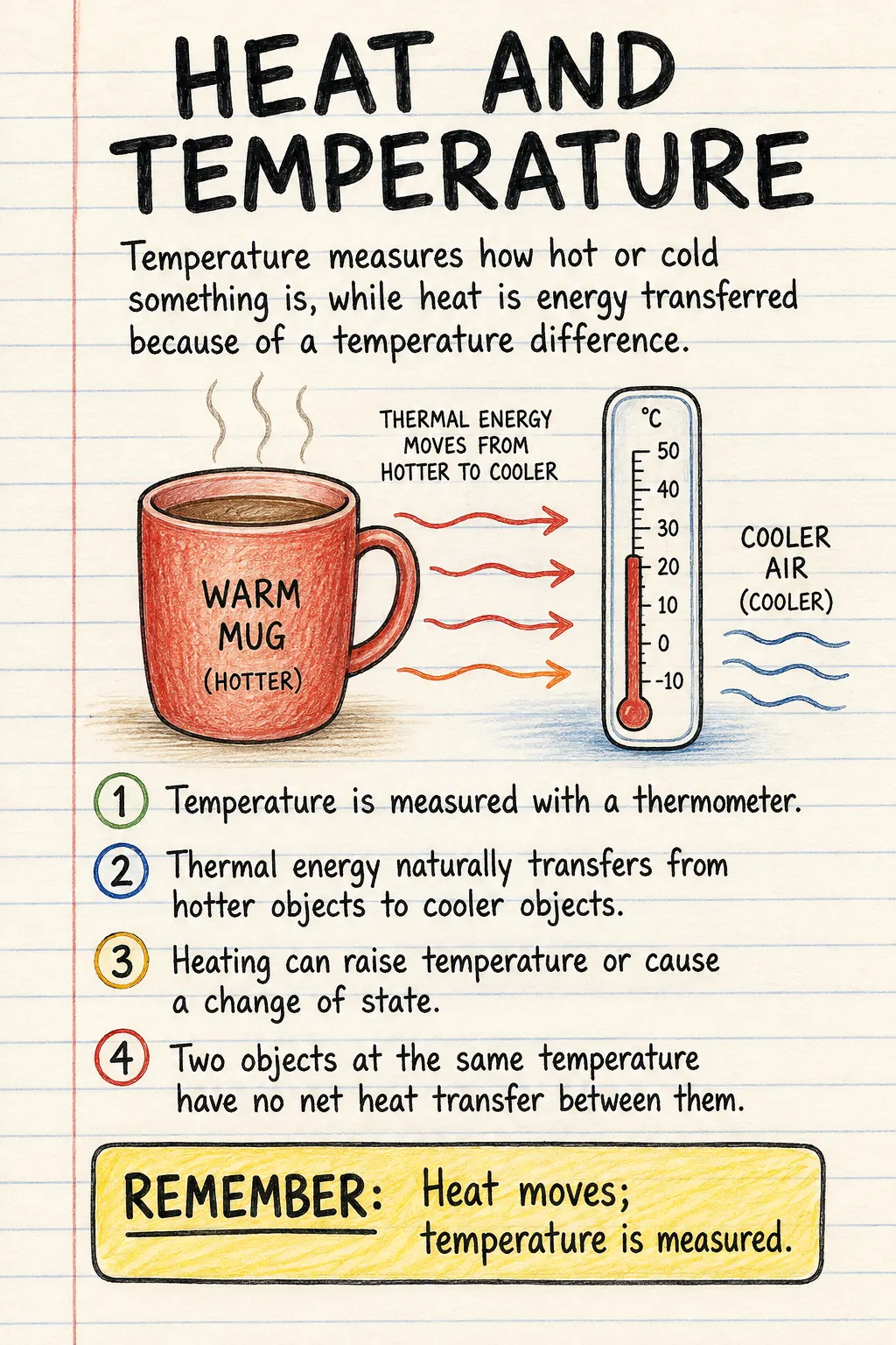Heat and temperature: a handwritten, illustrated one-page guide for primary school.