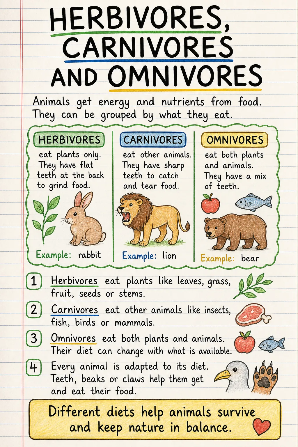 Herbivores, carnivores and omnivores: una ficha manuscrita ilustrada de una página para primaria. El texto de la imagen está en inglés.