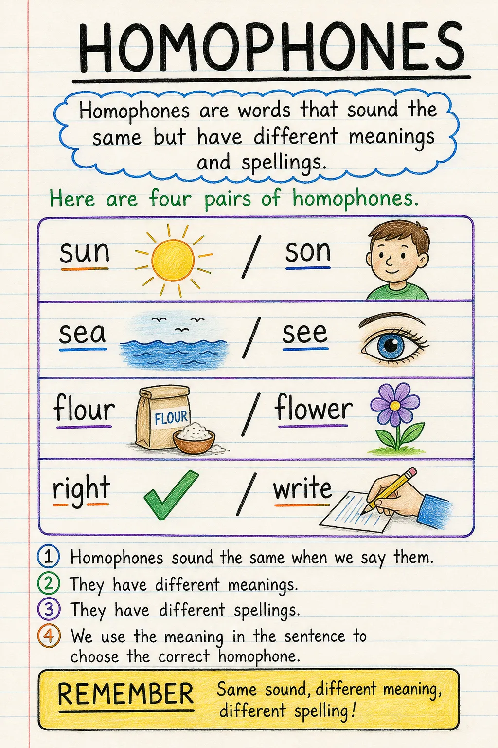 Homophones: a handwritten, illustrated one-page guide for primary school.