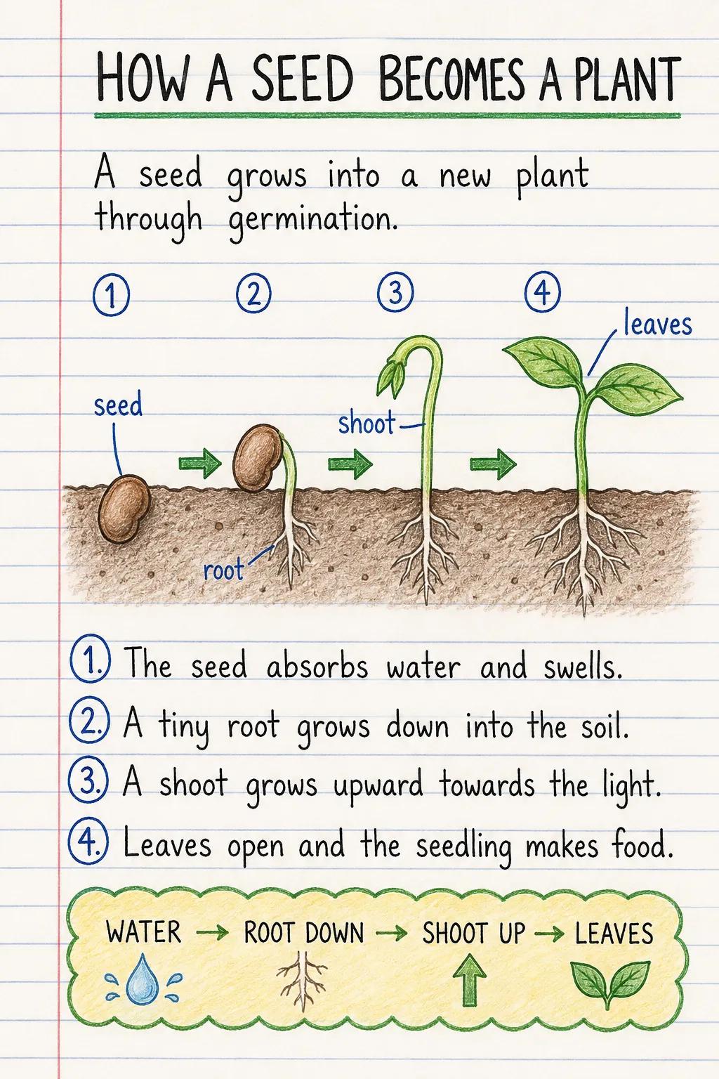 How a seed becomes a plant: una ficha manuscrita ilustrada de una página para primaria. El texto de la imagen está en inglés.