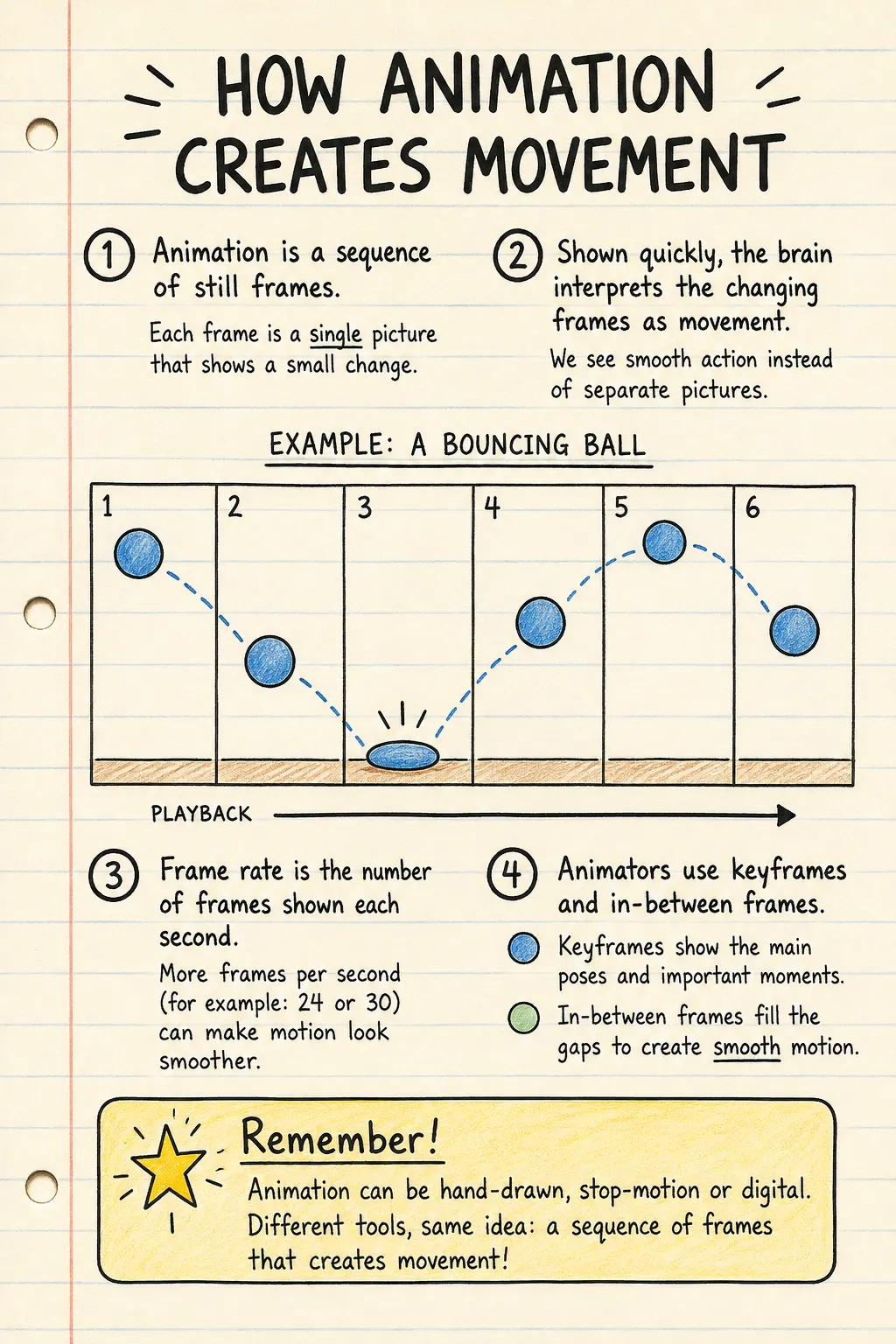 How animation creates movement: a handwritten, illustrated one-page guide for primary school.