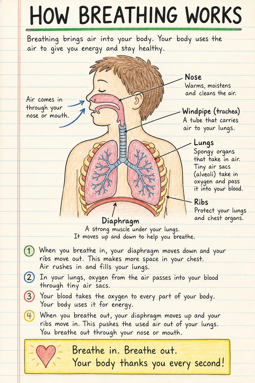 How breathing works: a handwritten, illustrated one-page guide for primary school.