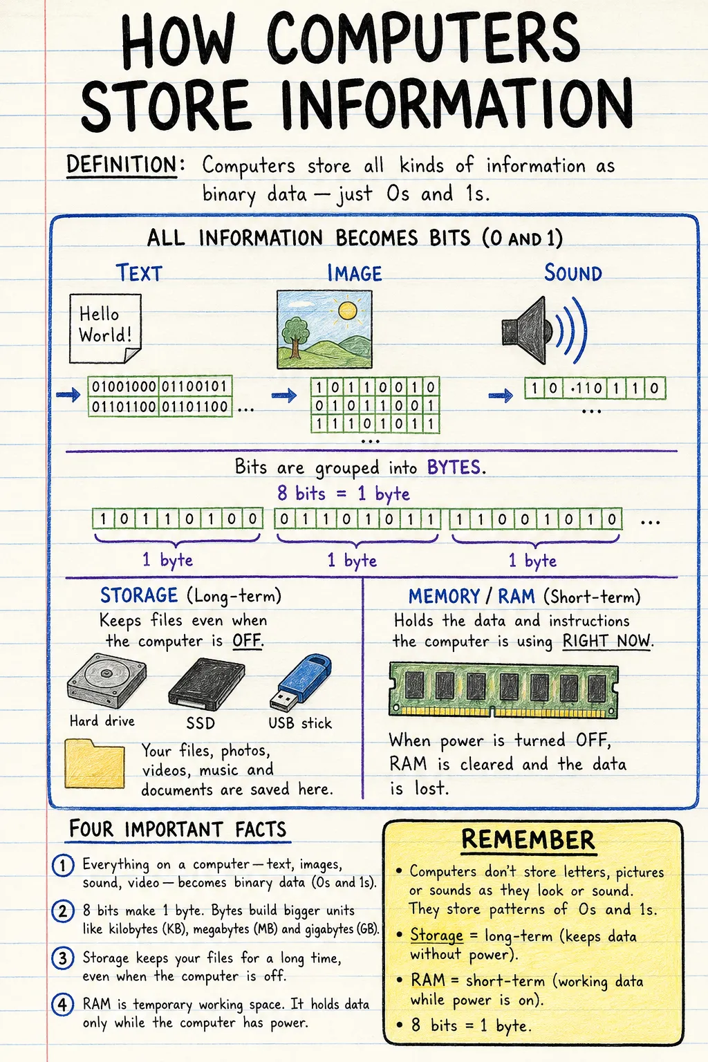 How computers store information: a handwritten, illustrated one-page guide for primary school.