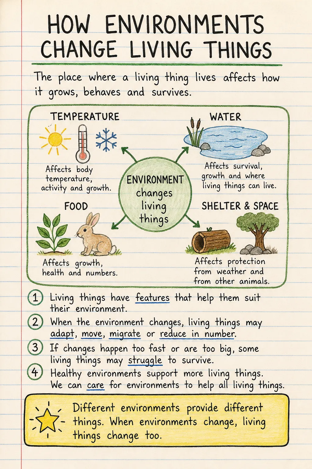 How environments change living things: a handwritten, illustrated one-page guide for primary school.