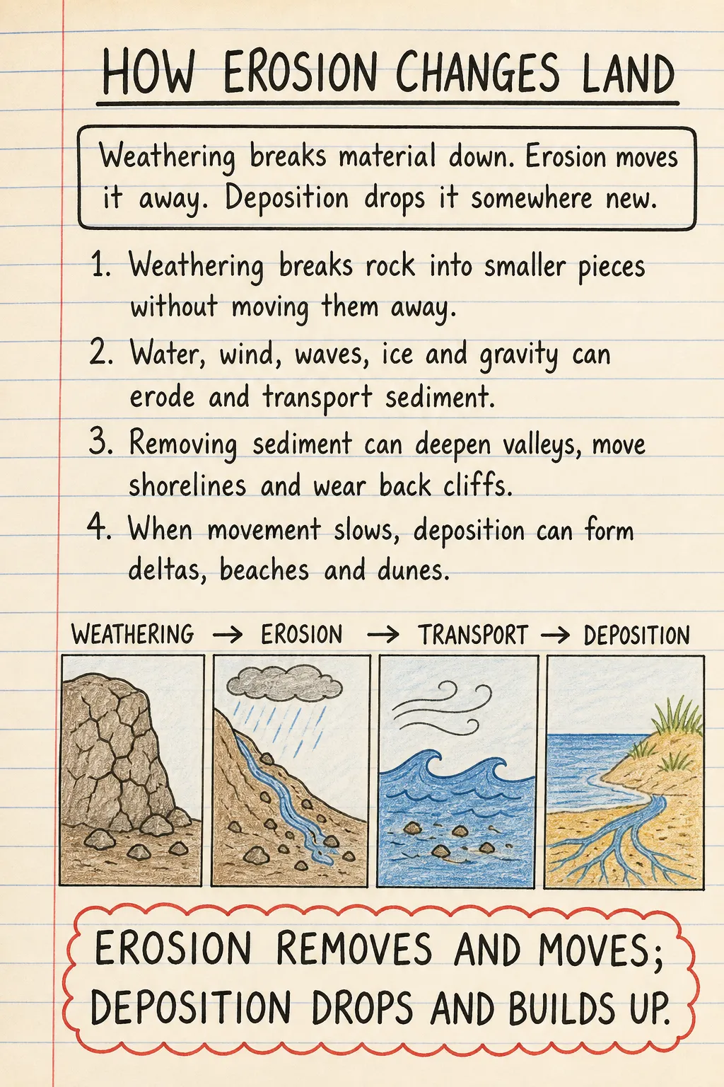 How erosion changes land: a handwritten, illustrated one-page guide for primary school.