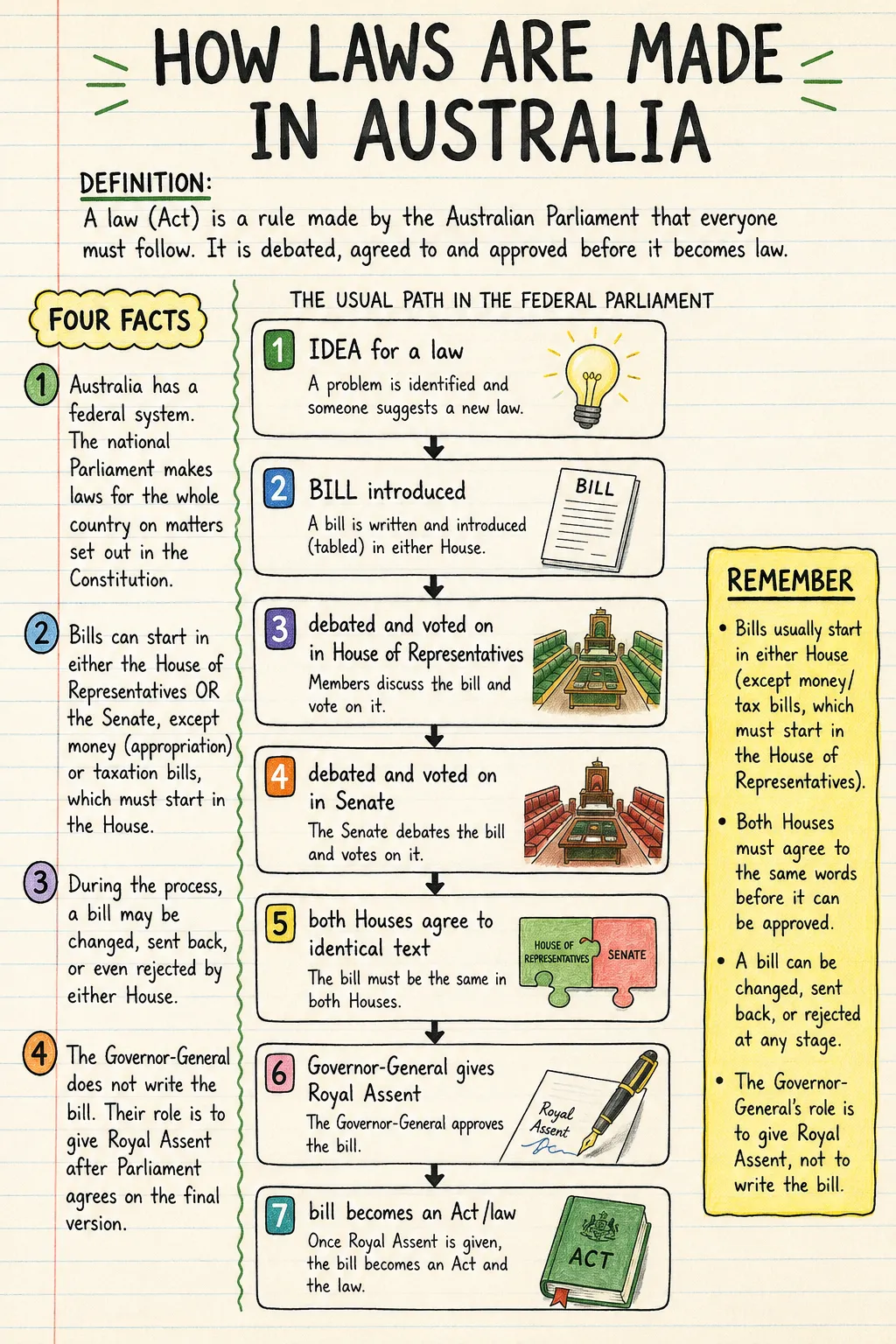 How laws are made in Australia: a handwritten, illustrated one-page guide for primary school.
