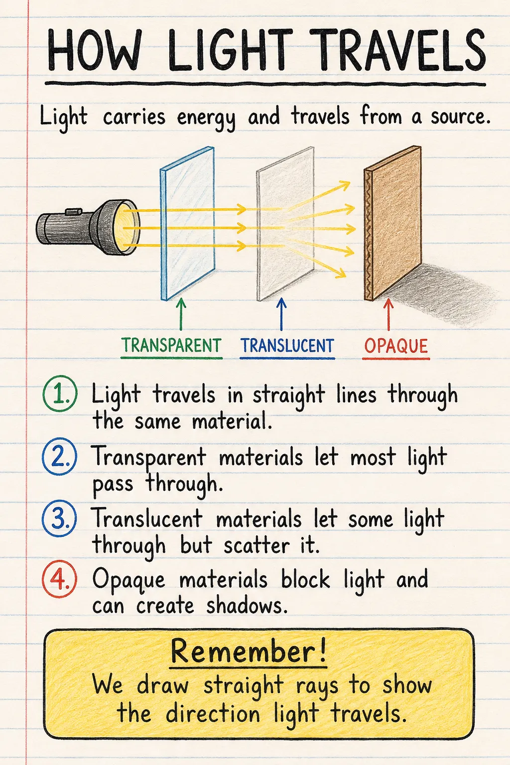 How light travels: a handwritten, illustrated one-page guide for primary school.