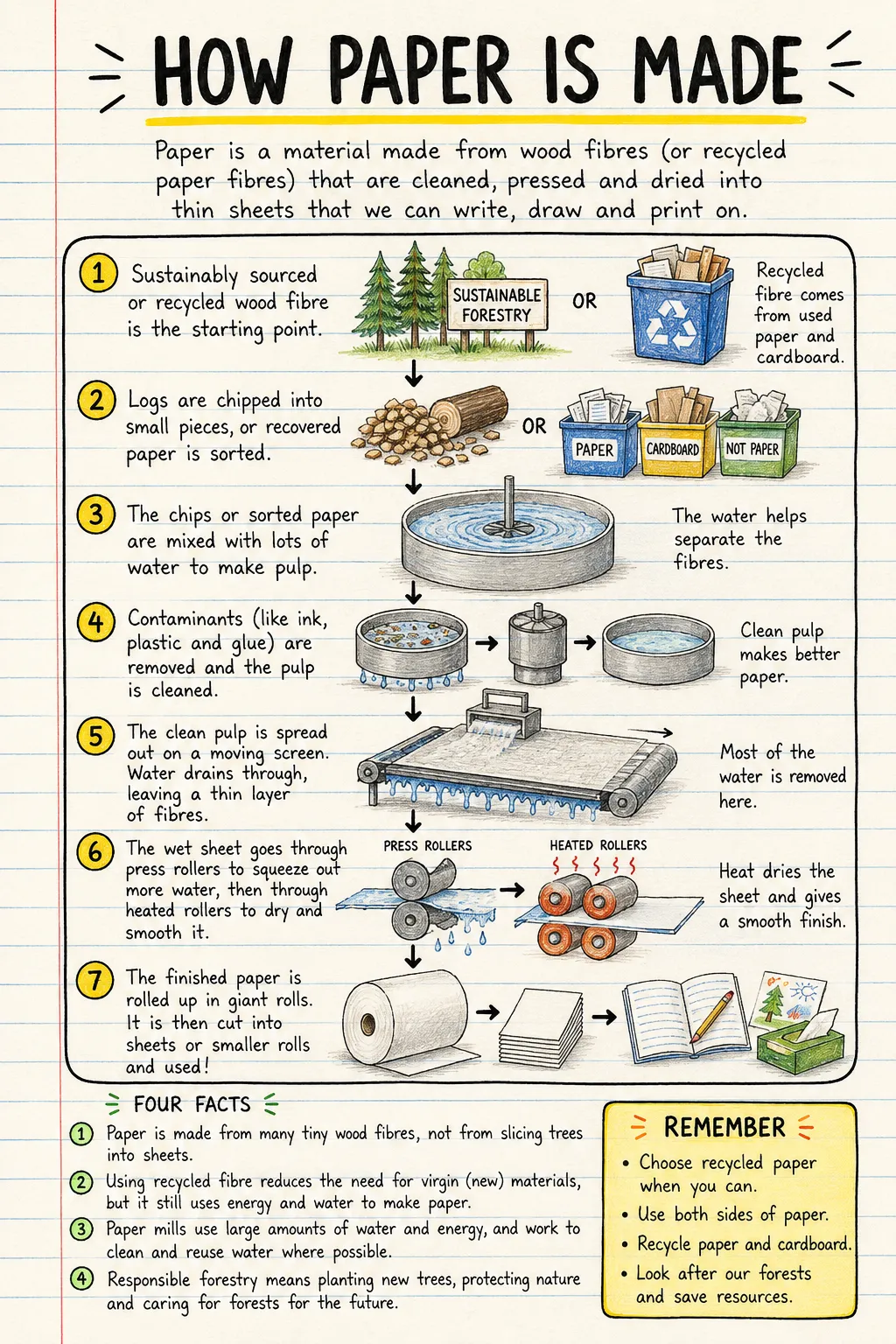 How paper is made: a handwritten, illustrated one-page guide for primary school.
