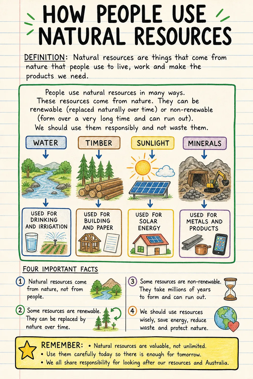 How people use natural resources: una ficha manuscrita ilustrada de una página para primaria. El texto de la imagen está en inglés.