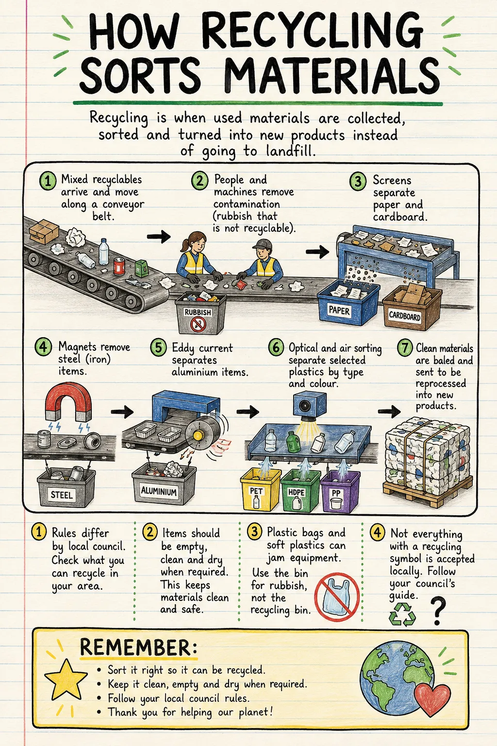 How recycling sorts materials: a handwritten, illustrated one-page guide for primary school.