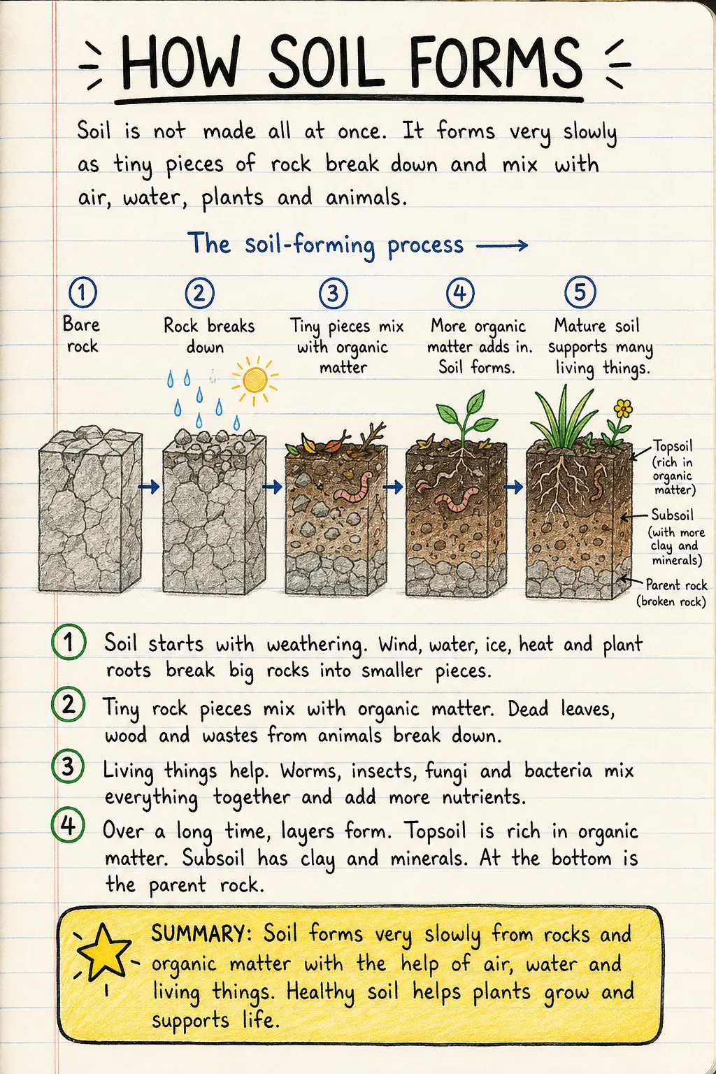 How soil forms: a handwritten, illustrated one-page guide for primary school.