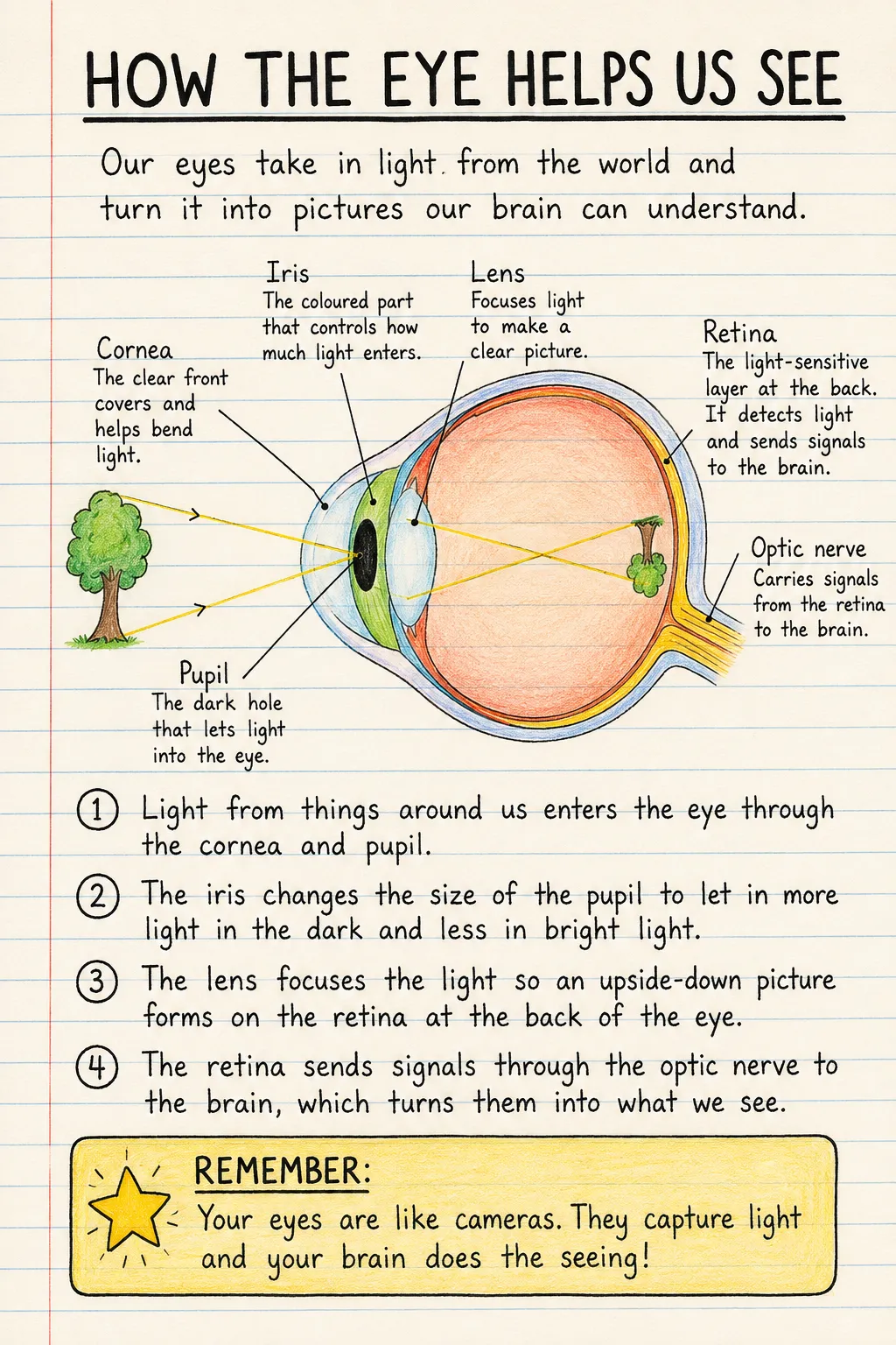How the eye helps us see: a handwritten, illustrated one-page guide for primary school.