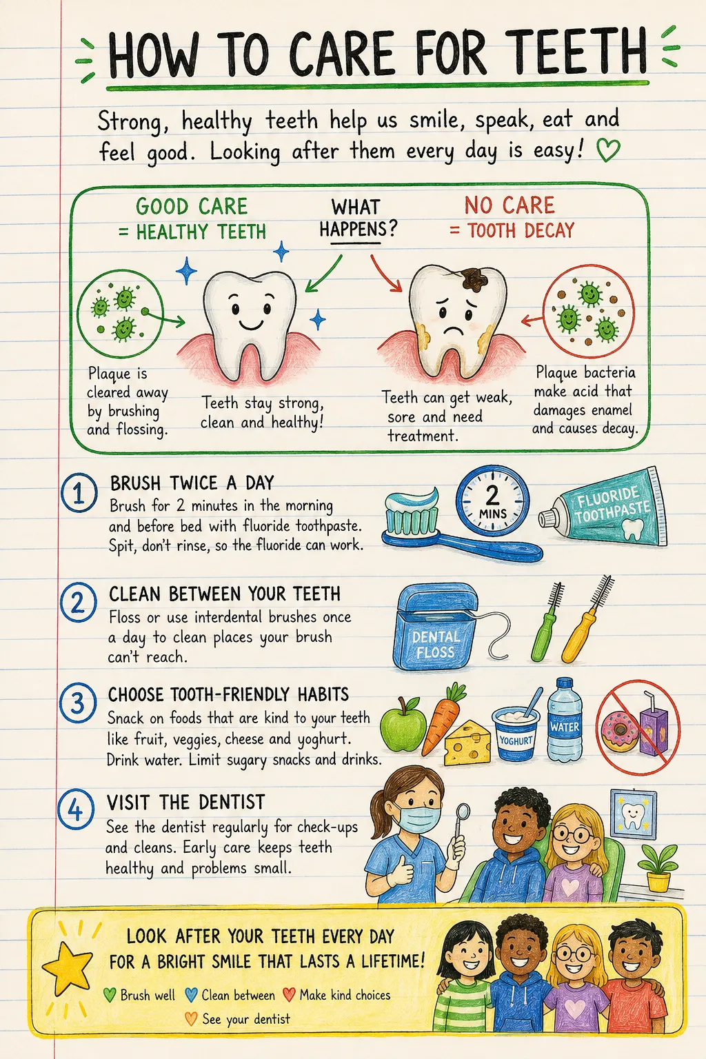 How to care for teeth: a handwritten, illustrated one-page guide for primary school.