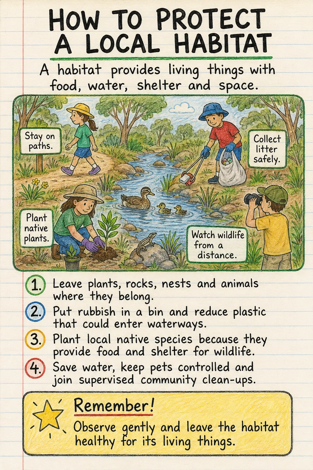 How to protect a local habitat: a handwritten, illustrated one-page guide for primary school.