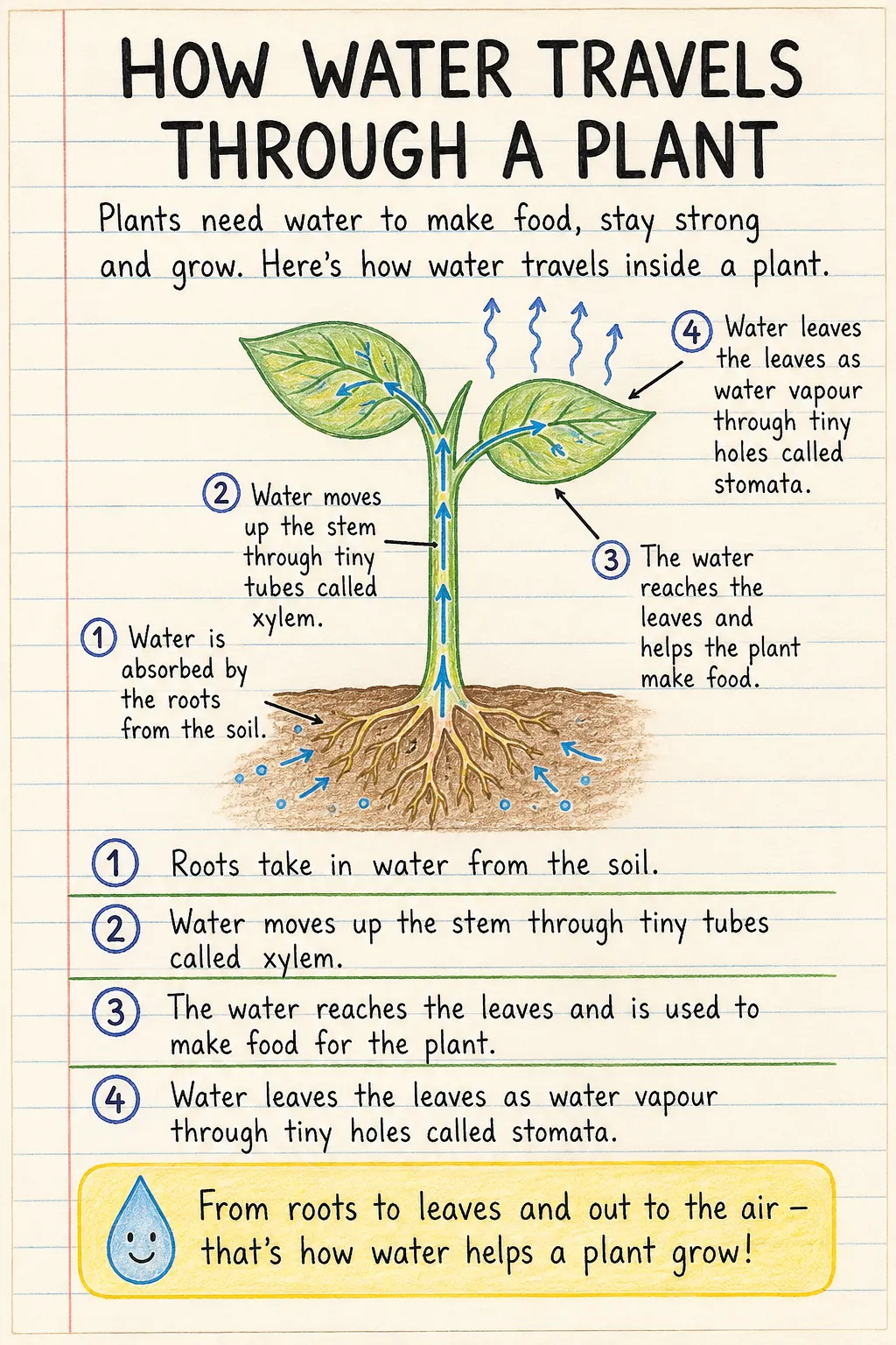 How water travels through a plant: una ficha manuscrita ilustrada de una página para primaria. El texto de la imagen está en inglés.