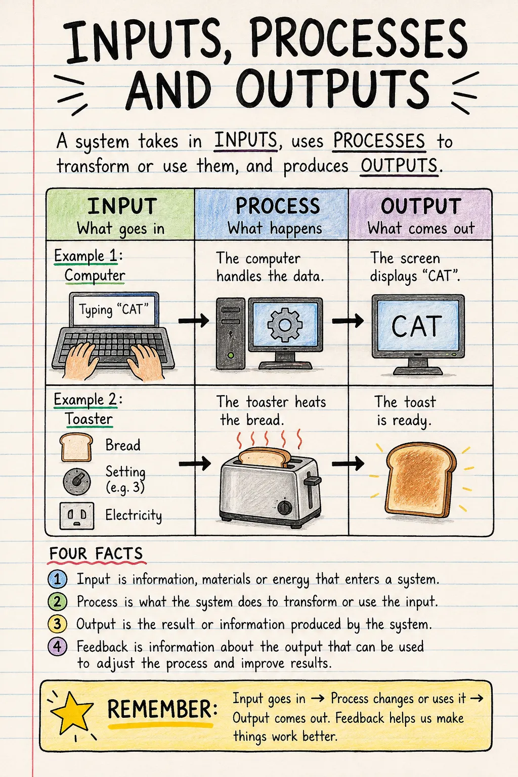 Inputs, processes and outputs: a handwritten, illustrated one-page guide for primary school.