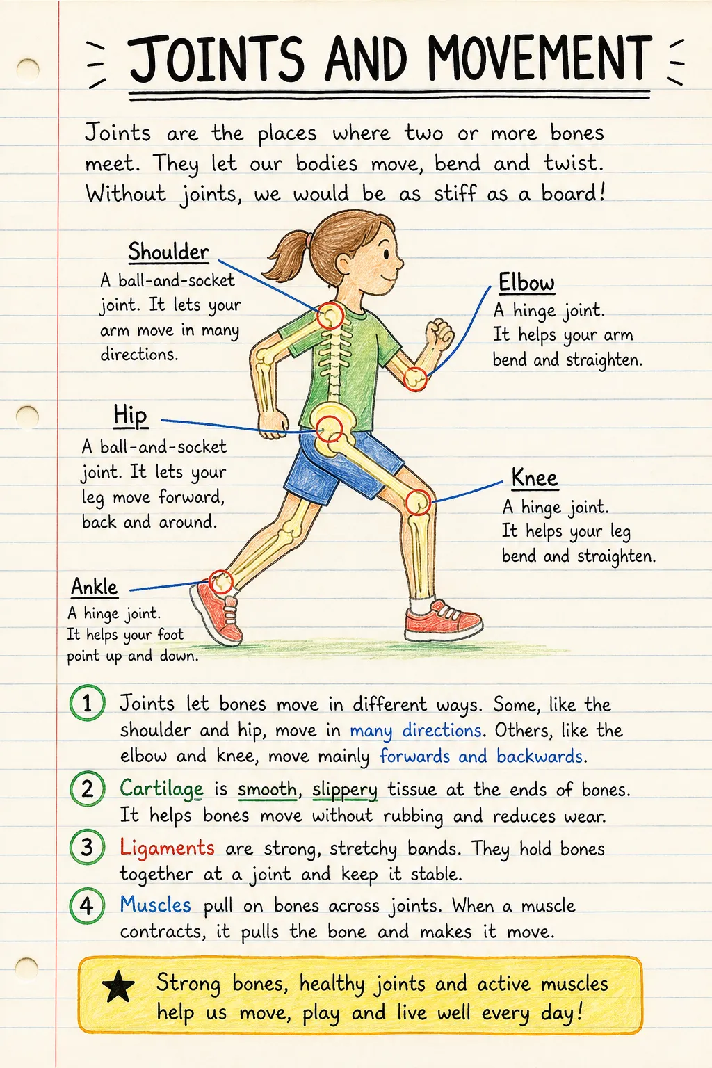 Joints and movement: a handwritten, illustrated one-page guide for primary school.
