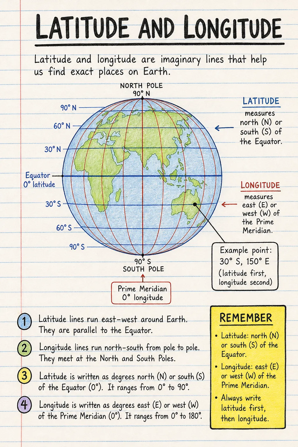 Latitude and longitude: a handwritten, illustrated one-page guide for primary school.
