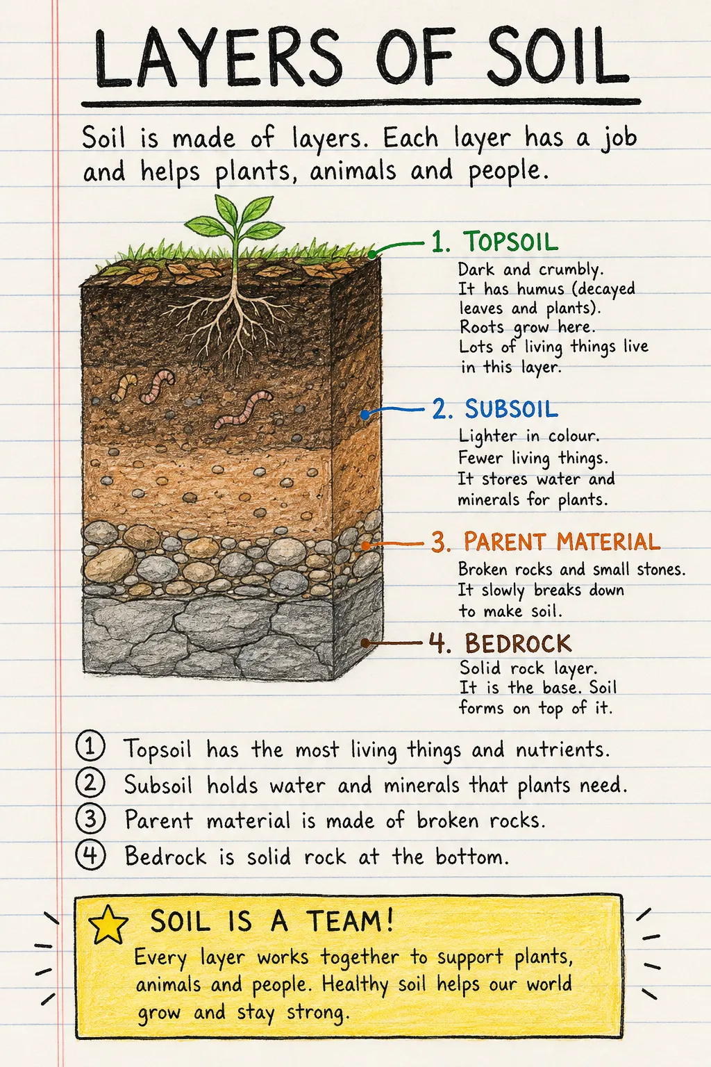 Layers of soil: a handwritten, illustrated one-page guide for primary school.