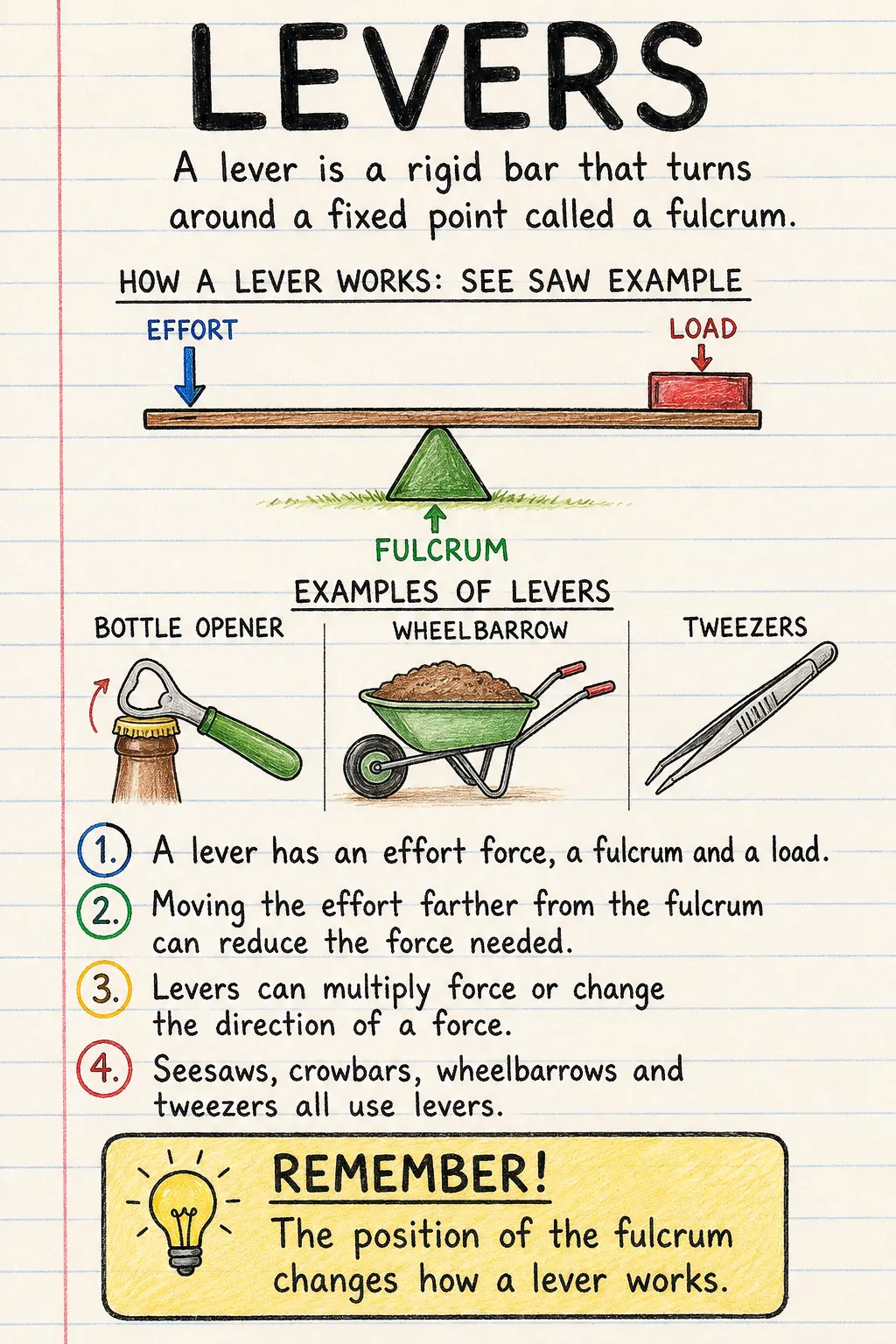 Levers: una ficha manuscrita ilustrada de una página para primaria. El texto de la imagen está en inglés.