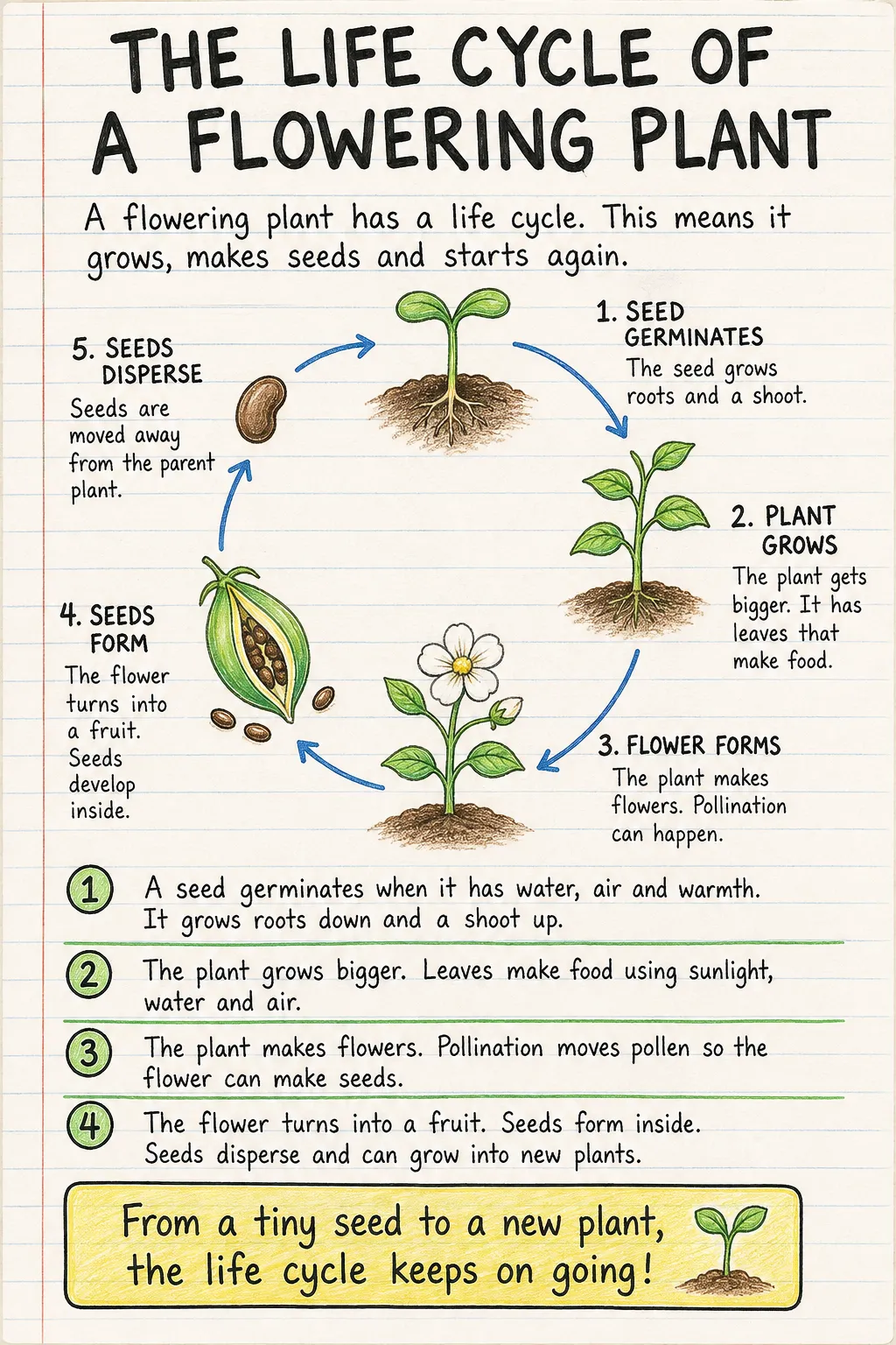 The life cycle of a flowering plant: una ficha manuscrita ilustrada de una página para primaria. El texto de la imagen está en inglés.