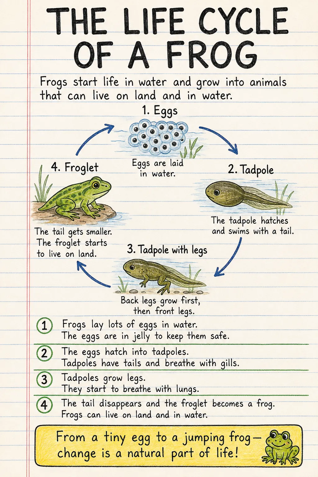 The life cycle of a frog: a handwritten, illustrated one-page guide for primary school.