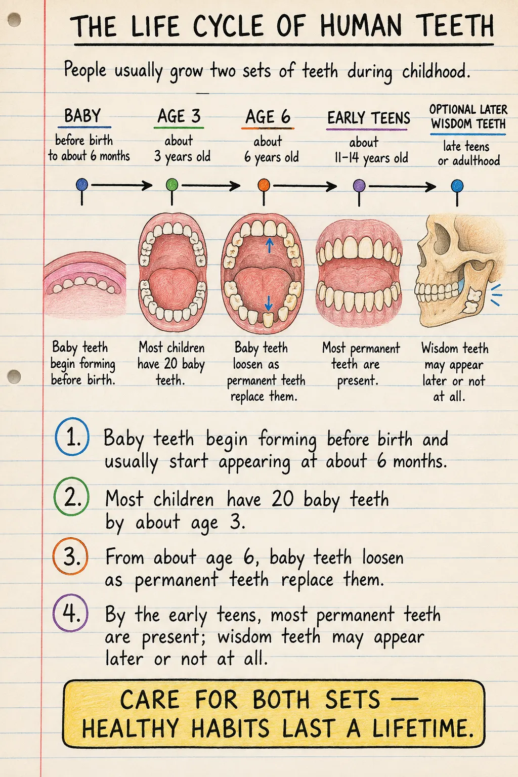 The life cycle of human teeth: a handwritten, illustrated one-page guide for primary school.