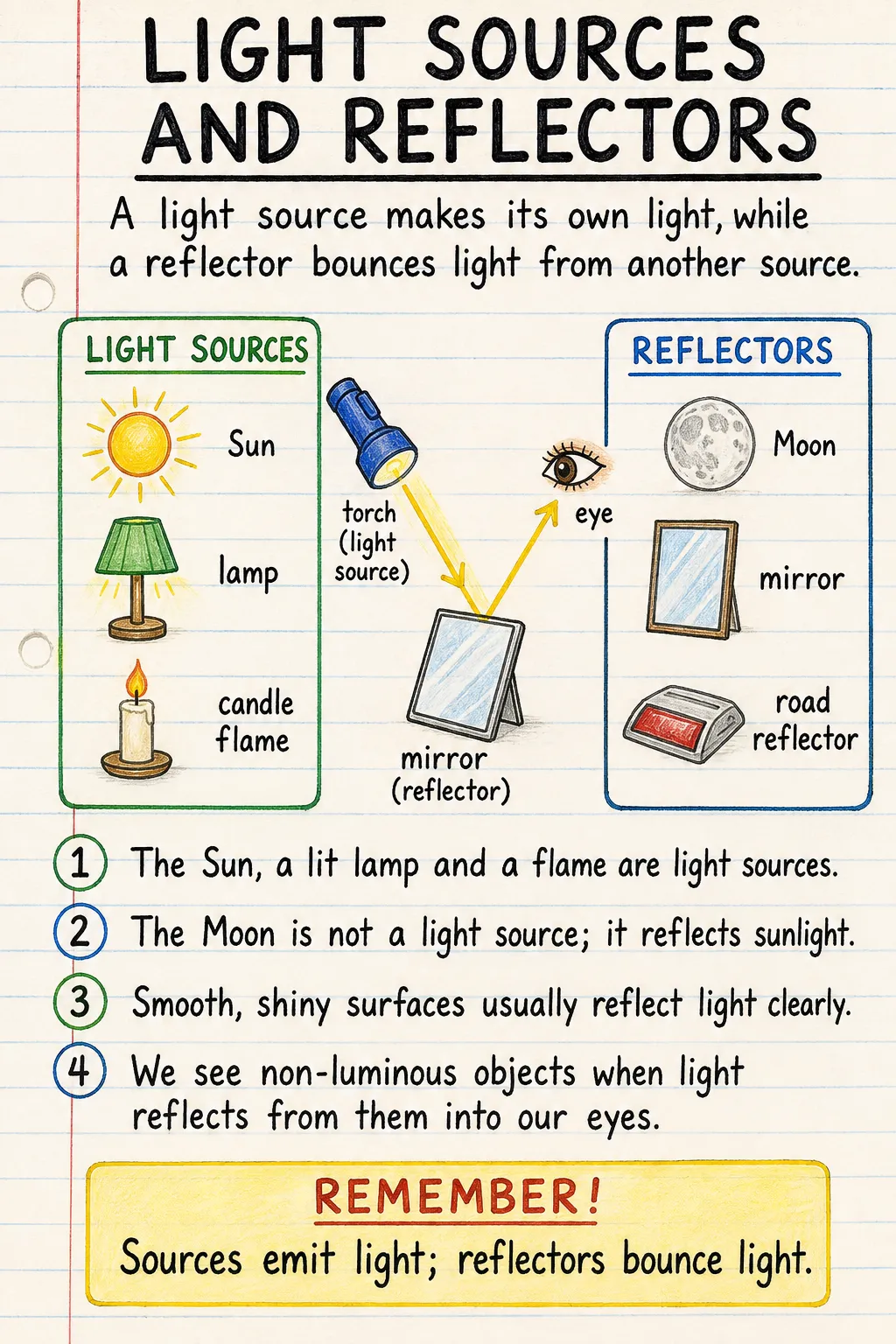 Light sources and reflectors: a handwritten, illustrated one-page guide for primary school.