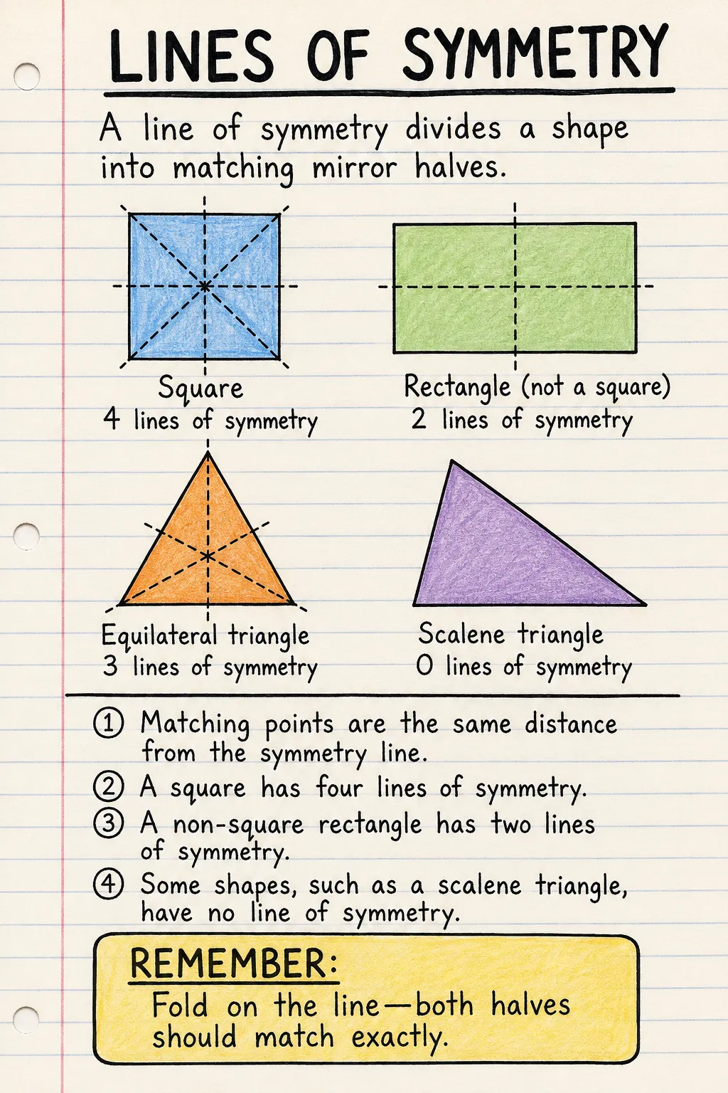 Lines of symmetry: a handwritten, illustrated one-page guide for primary school.