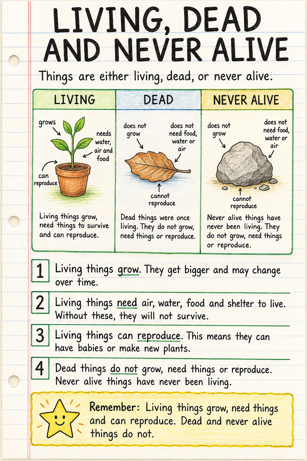 Living, dead and never alive: una ficha manuscrita ilustrada de una página para primaria. El texto de la imagen está en inglés.