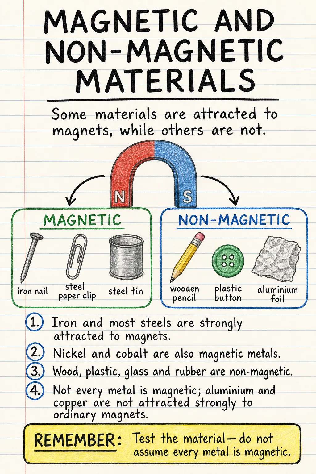 Magnetic and non-magnetic materials: a handwritten, illustrated one-page guide for primary school.