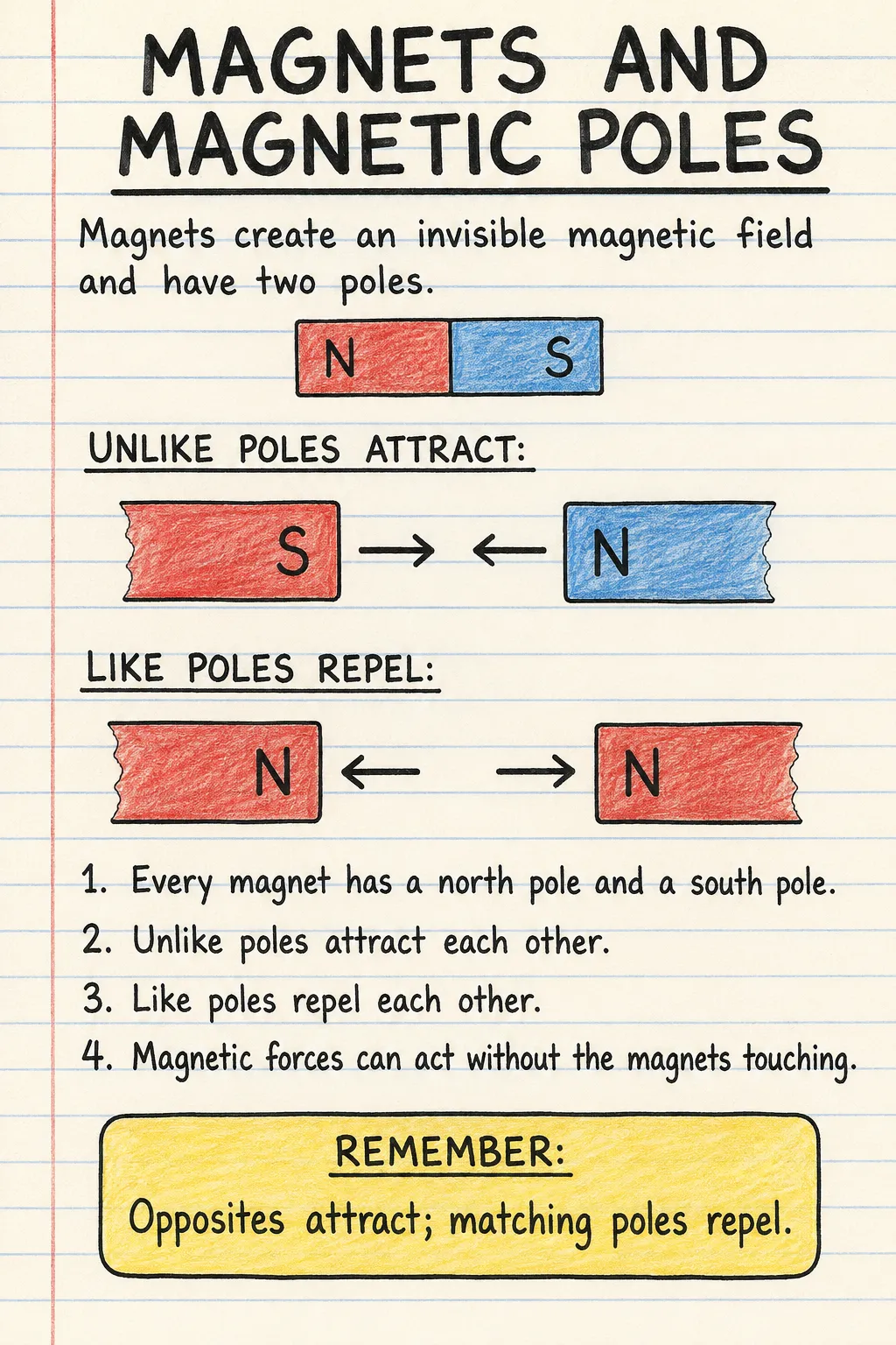 Magnets and magnetic poles: a handwritten, illustrated one-page guide for primary school.