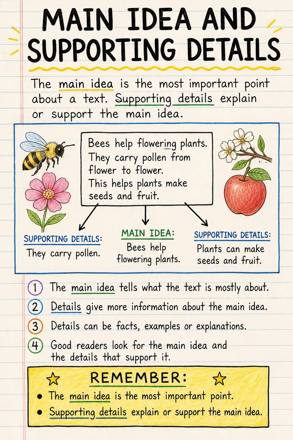 Main idea and supporting details: a handwritten, illustrated one-page guide for primary school.