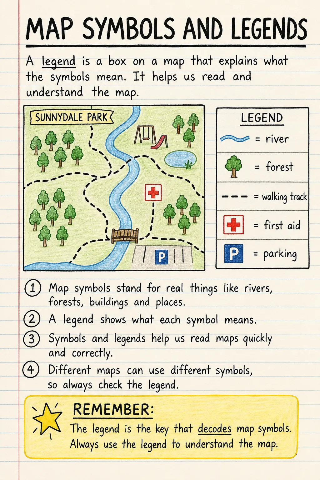 Map symbols and legends: a handwritten, illustrated one-page guide for primary school.