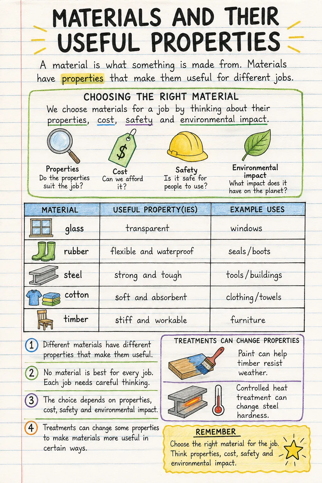 Materials and their useful properties: a handwritten, illustrated one-page guide for primary school.