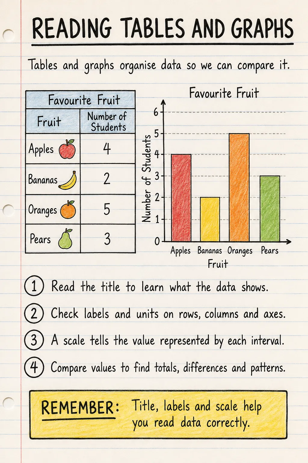 Mean, median, mode and range: a handwritten, illustrated one-page guide for primary school.