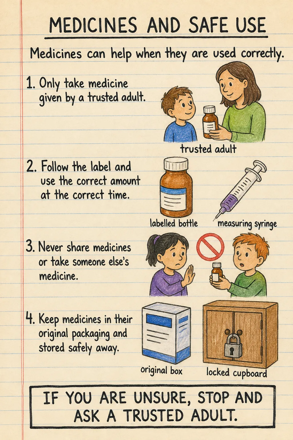 Medicines and safe use: a handwritten, illustrated one-page guide for primary school.