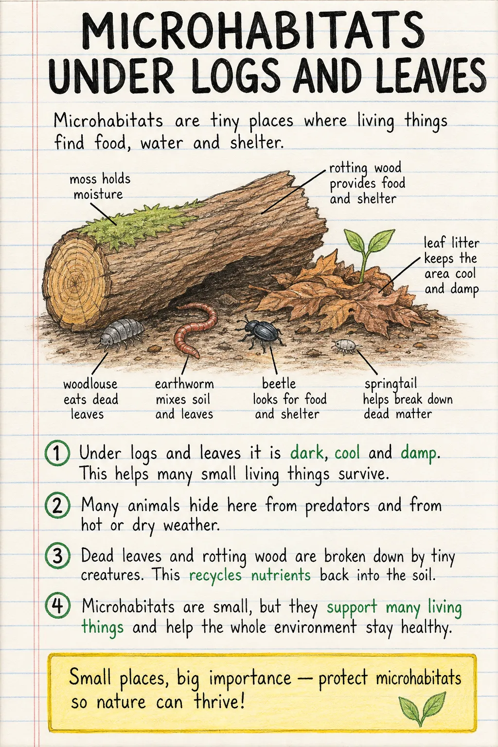 Microhabitats under logs and leaves: a handwritten, illustrated one-page guide for primary school.