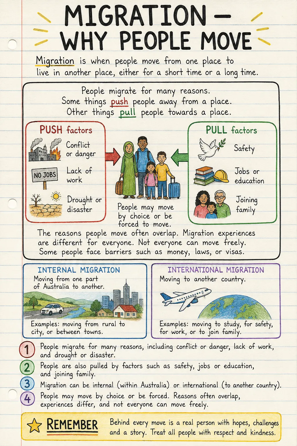 Migration: why people move: a handwritten, illustrated one-page guide for primary school.