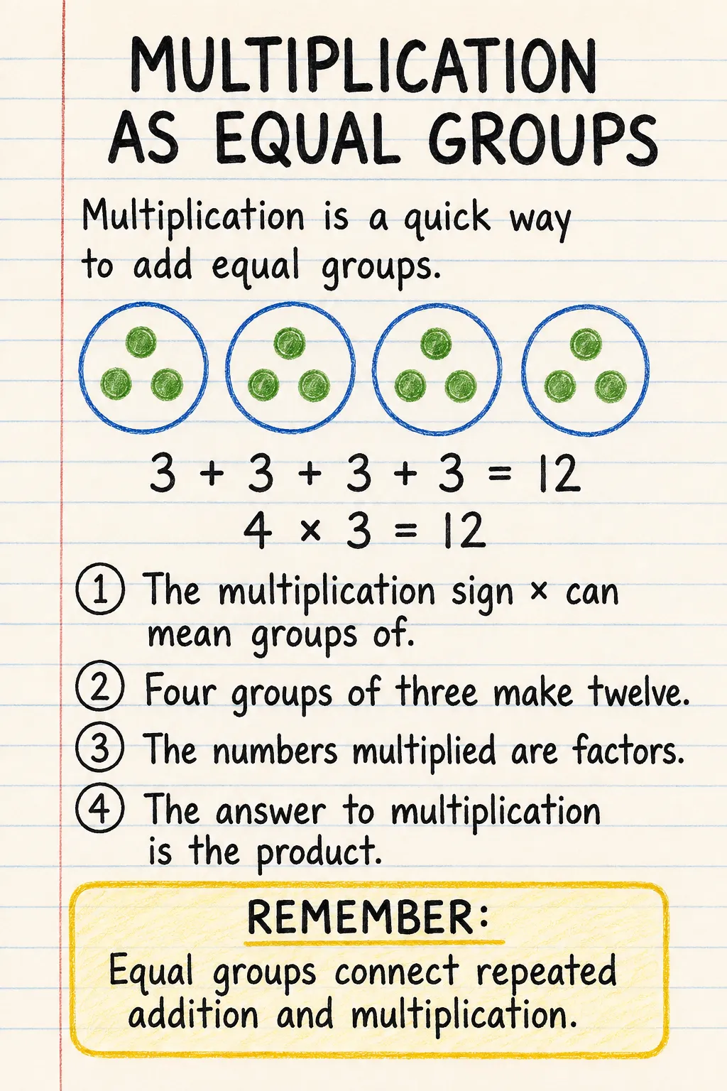 Multiplication as equal groups: a handwritten, illustrated one-page guide for primary school.