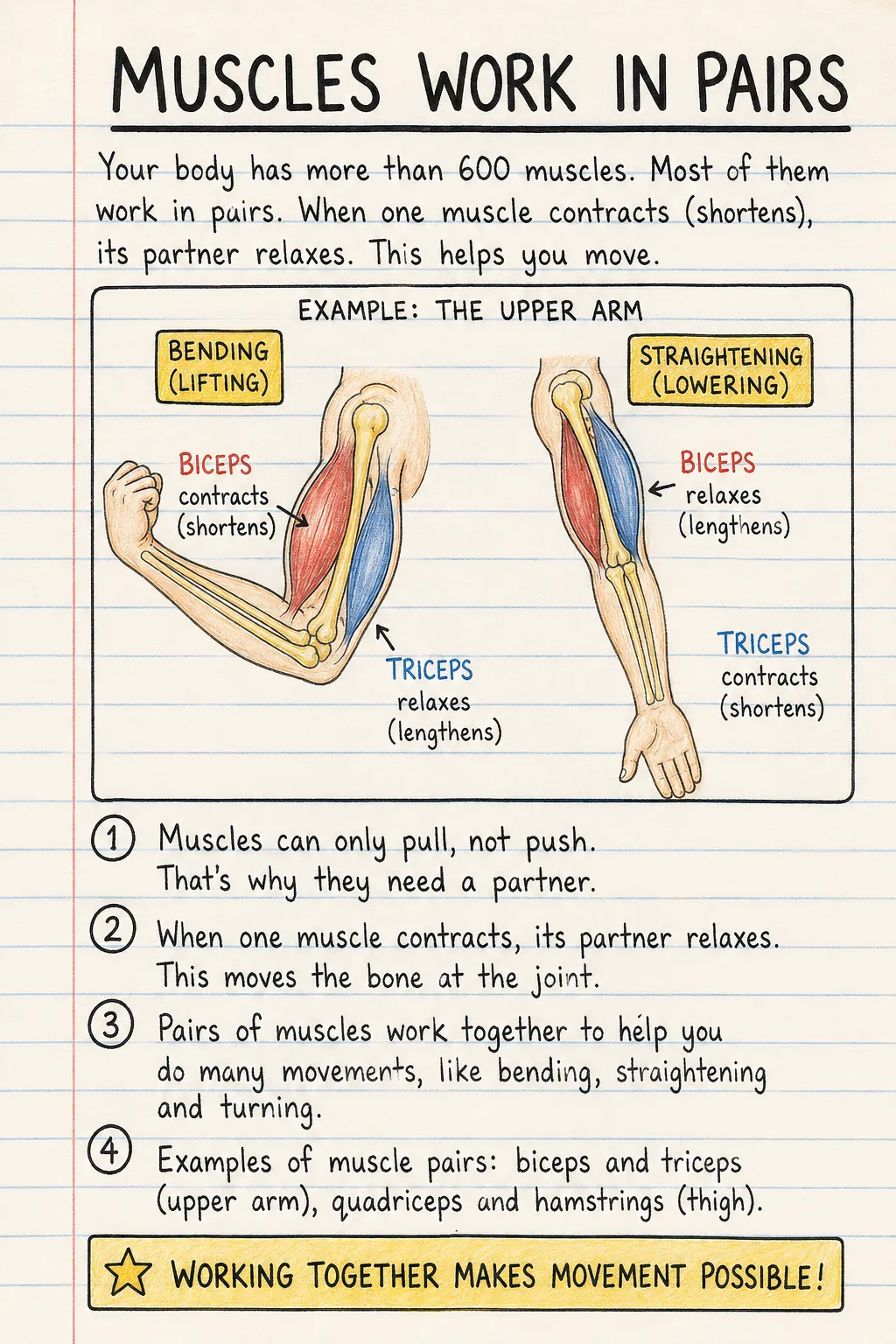 Muscles work in pairs: a handwritten, illustrated one-page guide for primary school.