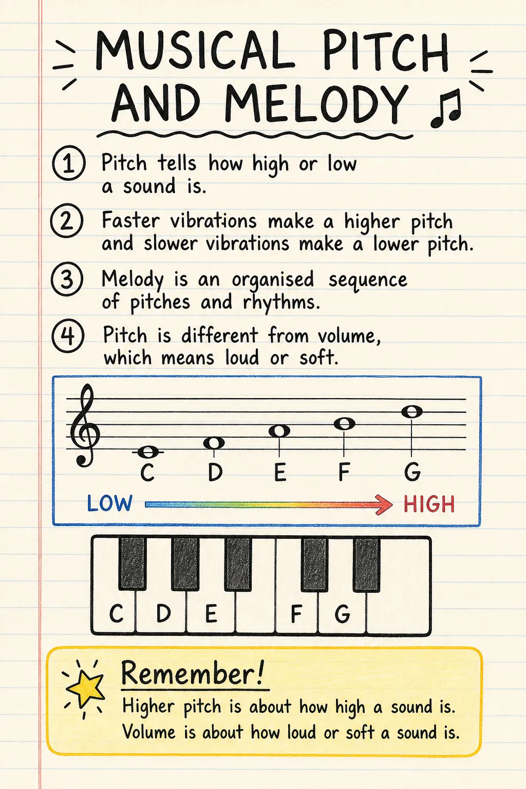 Musical pitch and melody: a handwritten, illustrated one-page guide for primary school.